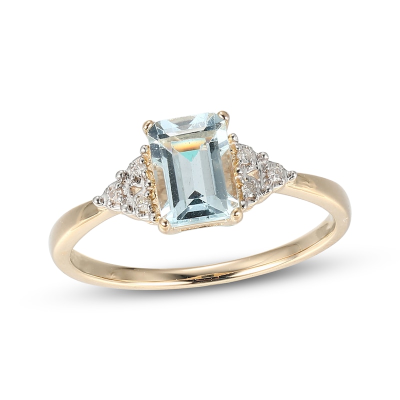 Main Image 1 of Emerald-Cut Aquamarine & Diamond Accent Ring 10K Yellow Gold