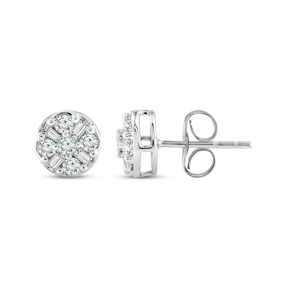 Baguette & Round-Cut Diamond Round Stud Earrings 1/3 ct tw 10K White Gold