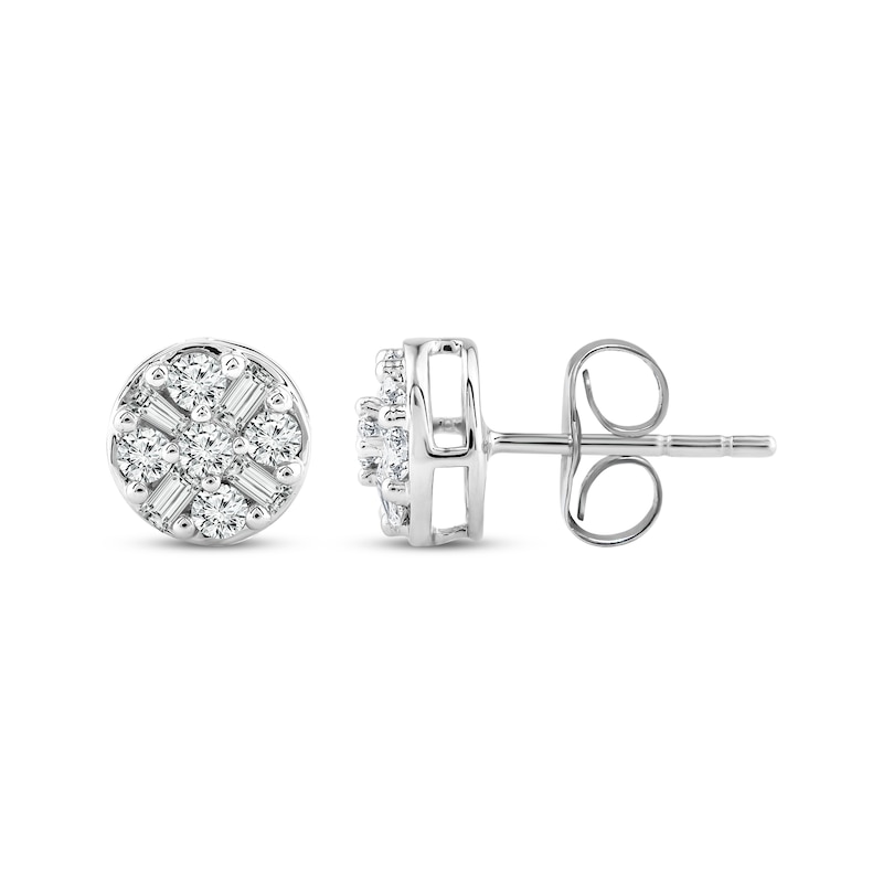 Main Image 1 of Baguette & Round-Cut Diamond Round Stud Earrings 1/3 ct tw 10K White Gold