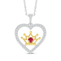 Lab-Created Ruby & White Lab-Created Sapphire Heart & Crown Necklace Sterling Silver & 14K Yellow Gold 18&quot;