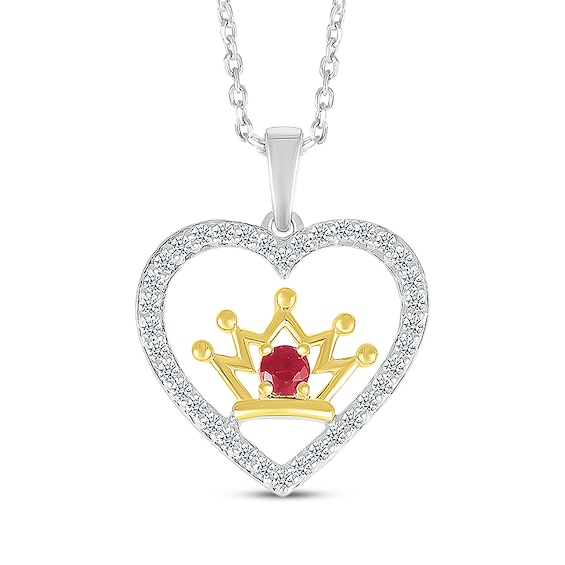 Lab-Created Ruby & White Lab-Created Sapphire Heart & Crown Necklace Sterling Silver & 14K Yellow Gold 18"