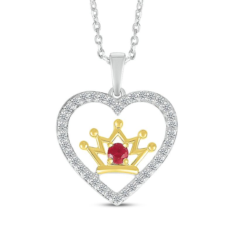 Main Image 1 of Lab-Created Ruby & White Lab-Created Sapphire Heart & Crown Necklace Sterling Silver & 14K Yellow Gold 18&quot;