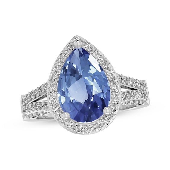 Pear-Shaped Blue Lab-Created Sapphire & White Lab-Created Sapphire Halo Ring Sterling Silver