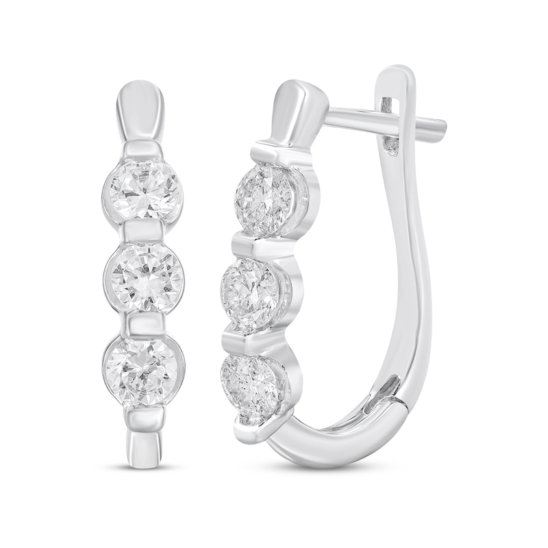 Main Image 1 of Diamond Three-Stone Hoop Earrings 1/2 ct tw 14K White Gold