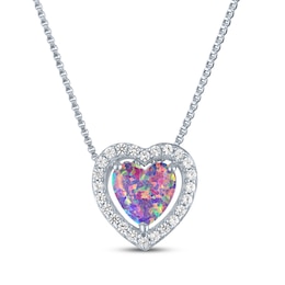 Heart-Shaped Lavender Lab-Created Opal & White Lab-Created Sapphire Necklace Sterling Silver 18&quot;