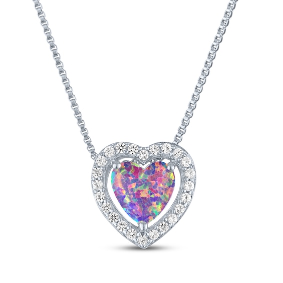 Heart-Shaped Lavender Lab-Created Opal & White Lab-Created Sapphire Necklace Sterling Silver 18"