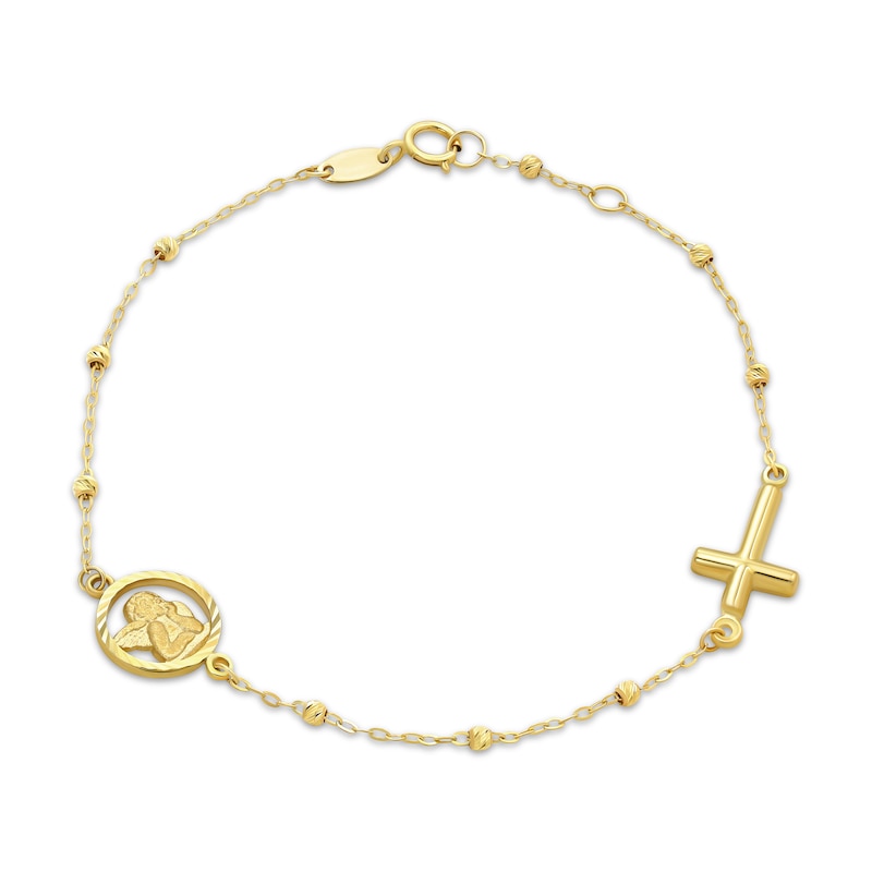 Angel & Cross Charm Beaded Chain Bracelet 14K Yellow Gold 7.5"