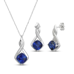 Cushion-Cut Blue Lab-Created Sapphire & White Lab-Created Sapphire Necklace & Earrings Gift Set Sterling Silver