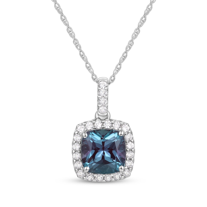 Main Image 1 of Cushion-Cut Lab-Created Alexandrite & White Lab-Created Sapphire Halo Necklace Sterling Silver 18&quot;