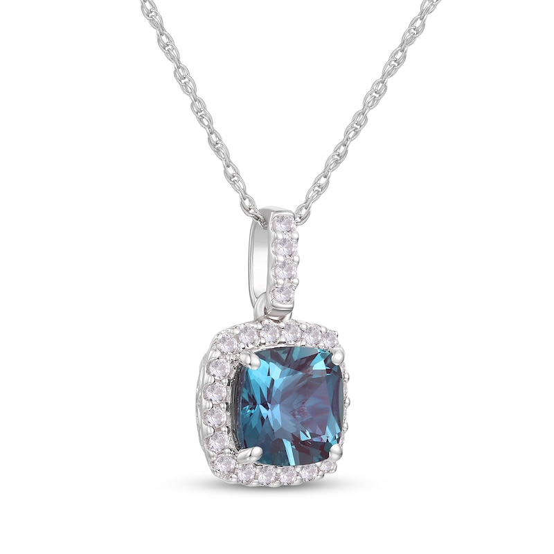 Main Image 2 of Cushion-Cut Lab-Created Alexandrite & White Lab-Created Sapphire Halo Necklace Sterling Silver 18&quot;