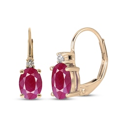 Oval-Cut Natural Ruby & Diamond Earrings 1/20 ct tw 10K Yellow Gold