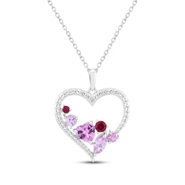 Multi-Shape Pink & White Lab-Created Sapphire, Lab-Created Ruby Heart Necklace Sterling Silver 18&quot;