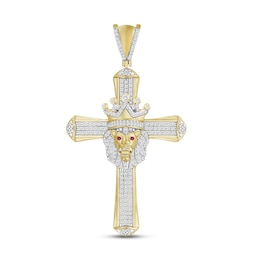 Men's Diamond & Lab-Created Ruby Lion Cross Pendant 1/2 ct tw Round & Baguette-cut 10K Yellow Gold