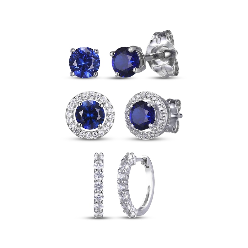 Main Image 1 of Round-Cut Blue & White Lab-Created Sapphire Stud & Hoop Earrings Gift Set Sterling Silver