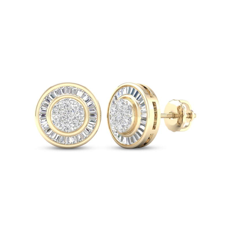 Main Image 1 of Men's Baguette & Round-Cut Circle Stud Earrings 1/2 ct tw 10K Yellow Gold