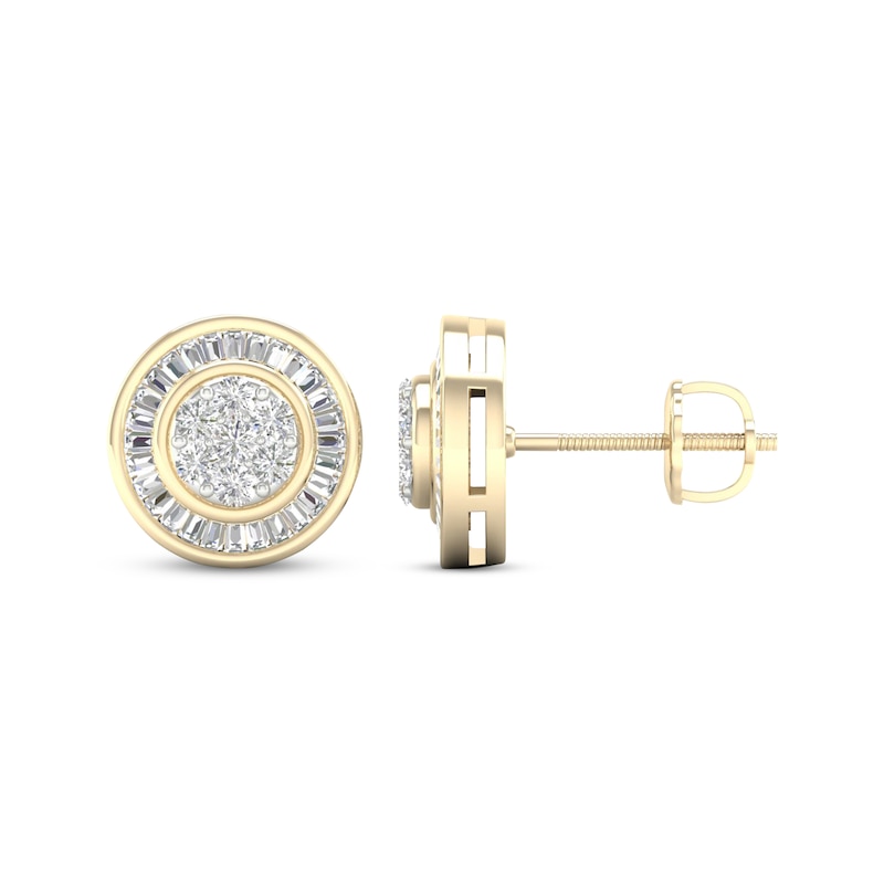 Main Image 3 of Men's Baguette & Round-Cut Circle Stud Earrings 1/2 ct tw 10K Yellow Gold