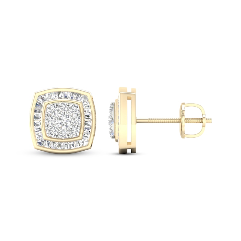 Main Image 1 of Men's Baguette & Round-Cut Diamond Cushion Stud Earrings 1/4 ct tw 10K Yellow Gold