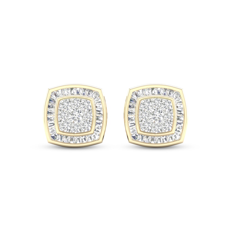 Main Image 2 of Men's Baguette & Round-Cut Diamond Cushion Stud Earrings 1/4 ct tw 10K Yellow Gold