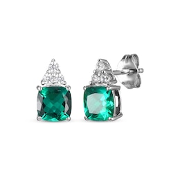 Cushion-Cut Lab-Created Emerald & White Lab-Created Sapphire Earrings Sterling Silver