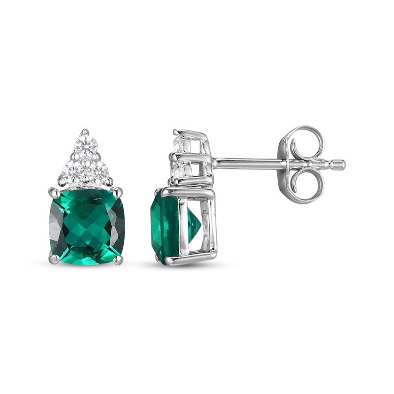 Cushion-Cut Lab-Created Emerald & White Lab-Created Sapphire Earrings Sterling Silver