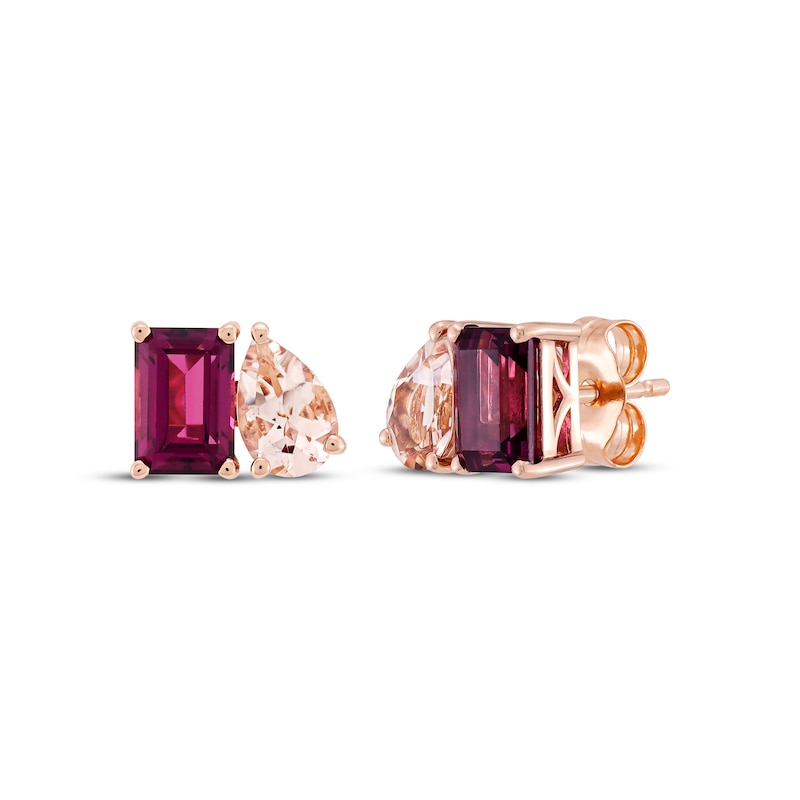 Main Image 1 of Toi et Moi Emerald-Cut Rhodolite Garnet & Pear-Shaped Morganite Earrings 10K Rose Gold