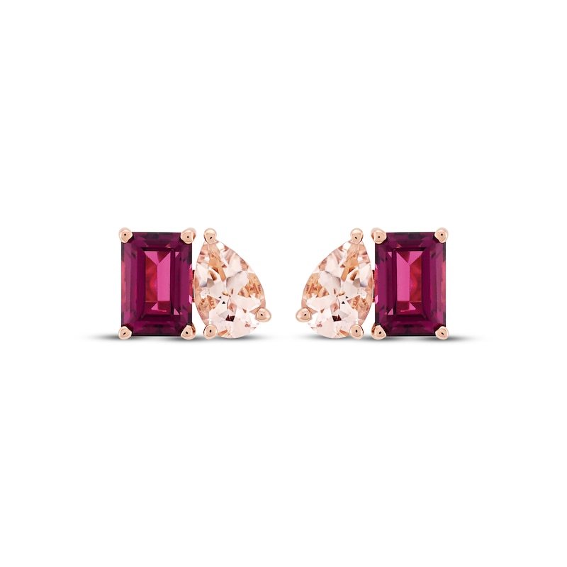 Main Image 2 of Toi et Moi Emerald-Cut Rhodolite Garnet & Pear-Shaped Morganite Earrings 10K Rose Gold