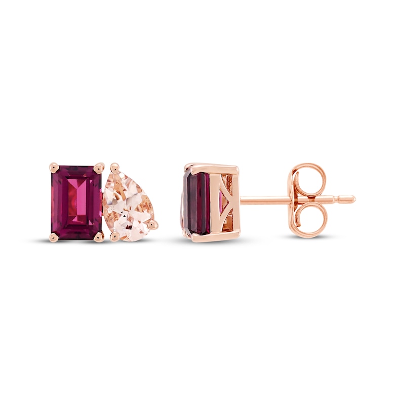 Main Image 3 of Toi et Moi Emerald-Cut Rhodolite Garnet & Pear-Shaped Morganite Earrings 10K Rose Gold