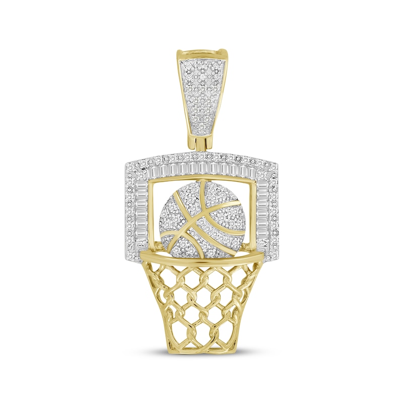 Main Image 1 of Men's Baguette & Round-Cut Diamond Basketball & Hoop Charm 1/4 ct tw 10K Yellow Gold