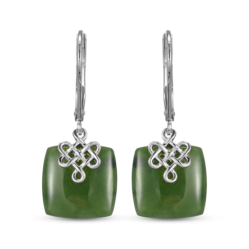 Main Image 2 of Cushion-Shaped Nephrite Jade Lucky Knot Drop Earrings Sterling Silver