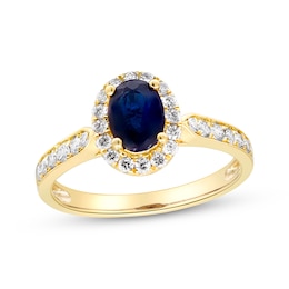 Oval-Cut Natural Blue Sapphire & Diamond Halo Ring 1/3 ct tw 14K Yellow Gold