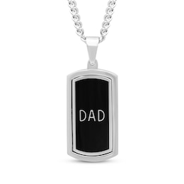 Men's Diamond & Black Enamel Reversible &quot;Dad&quot; Dog Tag Necklace 1/20 ct tw Stainless Steel 24&quot;