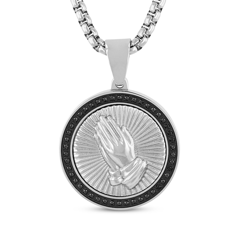 Main Image 1 of Men's Black Diamond Praying Hands Medallion Necklace 1/4 ct tw Stainless Steel & Black Ion Plating 24&quot;