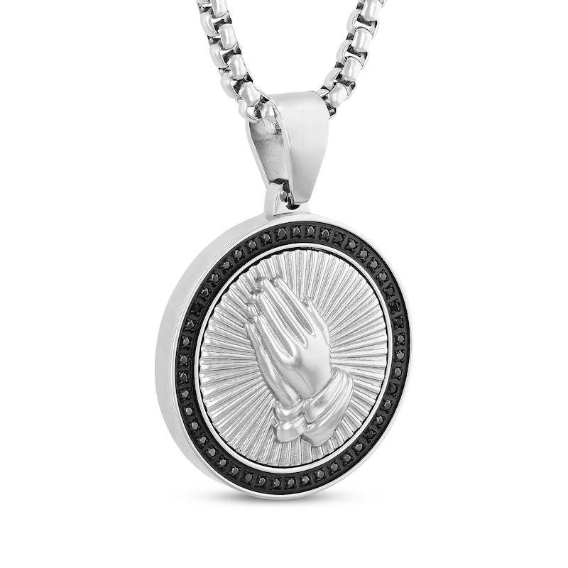 Main Image 2 of Men's Black Diamond Praying Hands Medallion Necklace 1/4 ct tw Stainless Steel & Black Ion Plating 24&quot;