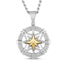 Men's Diamond Compass Necklace 1/8 ct tw Stainless Steel & Yellow Ion Plating 24&quot;