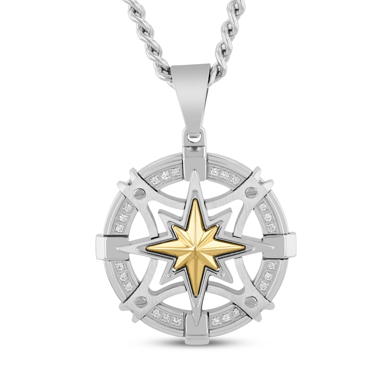 Main Image 1 of Men's Diamond Compass Necklace 1/8 ct tw Stainless Steel & Yellow Ion Plating 24&quot;