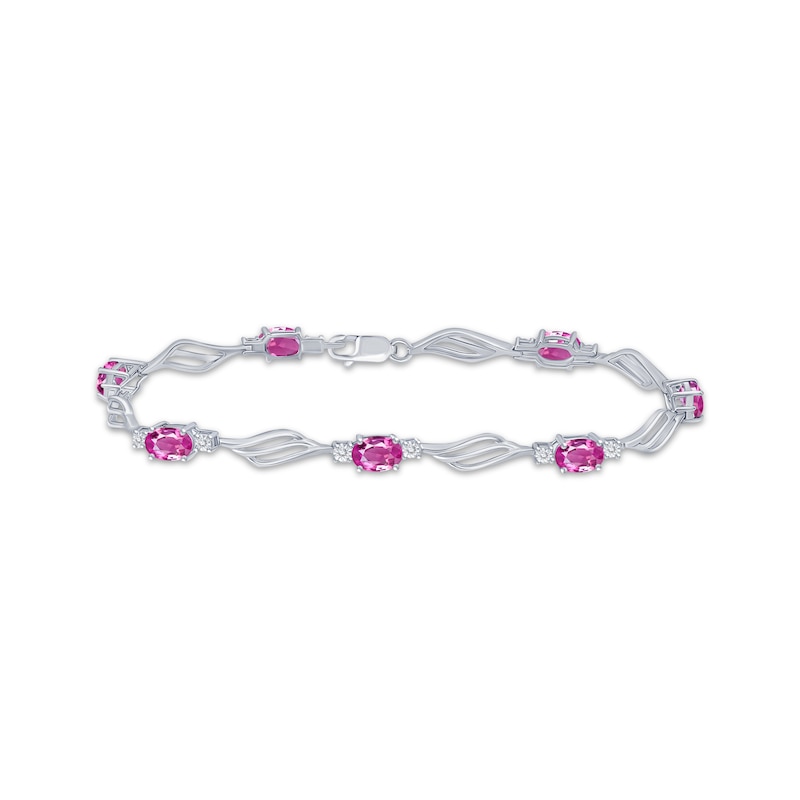 Oval-Cut Pink Lab-Created Sapphire & Diamond Accent Link Bracelet Sterling Silver 7.25"