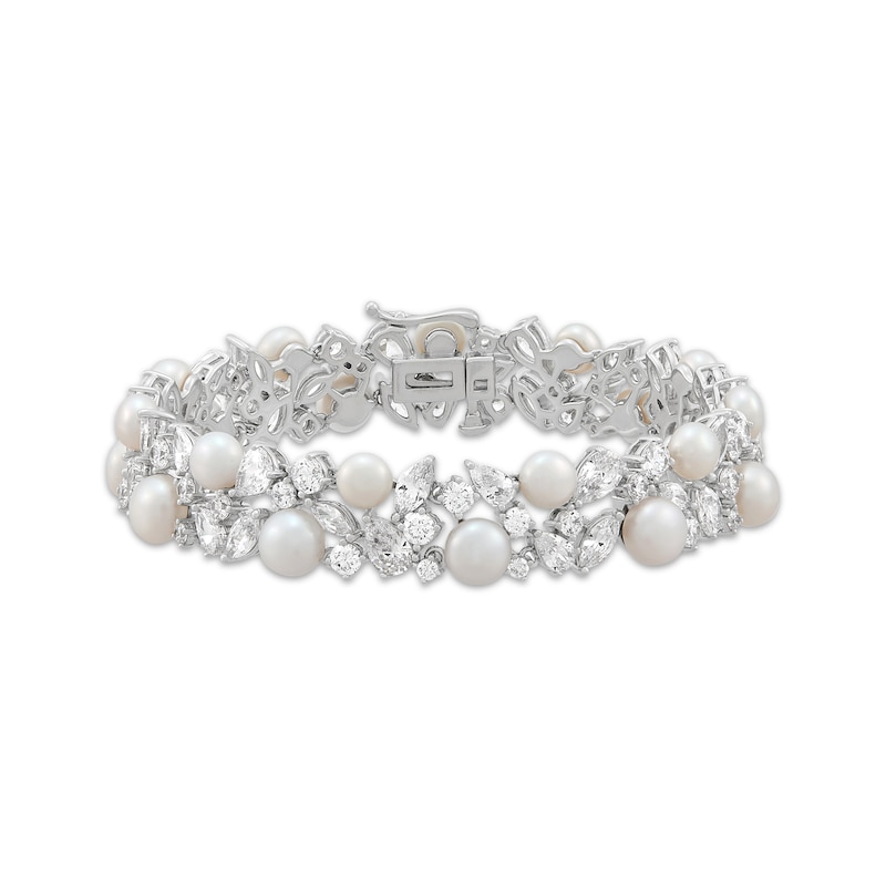 Main Image 1 of Cultured Pearl & Multi-Shape White Lab-Created Sapphire Bracelet Sterling Silver 7.25&quot;