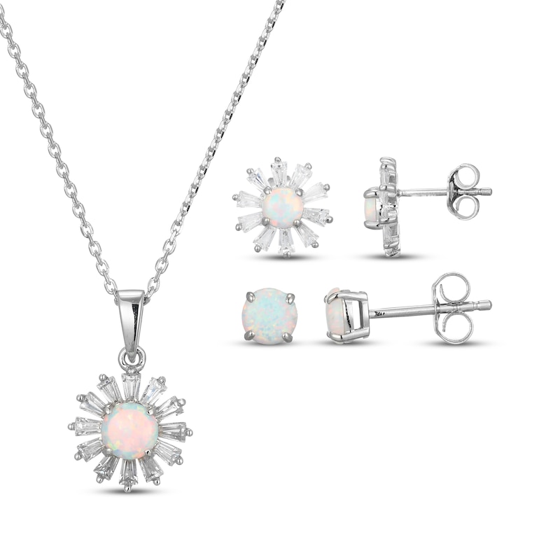 Main Image 1 of Lab-Created Opal & White Lab-Created Sapphire Necklace & Earrings Gift Set Sterling Silver