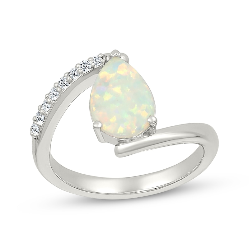 Main Image 1 of Pear-Shaped Lab-Created Opal & White Lab-Created Sapphire Bypass Ring Sterling Silver