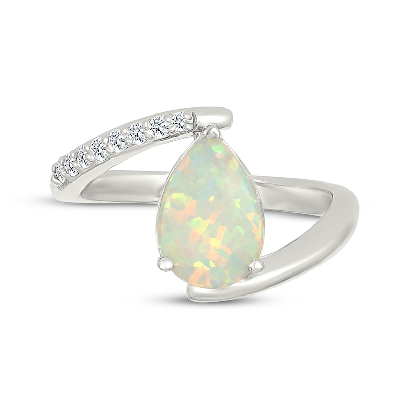 Main Image 4 of Pear-Shaped Lab-Created Opal & White Lab-Created Sapphire Bypass Ring Sterling Silver