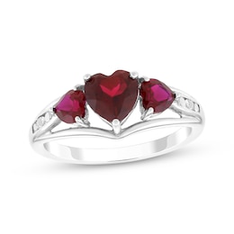 Heart-Shaped Lab-Created Ruby & White Lab-Created Sapphire Three-Stone Ring Sterling Silver