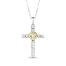 Diamond Cross Necklace with Heart 1/10 ct tw Sterling Silver & 10K Yellow Gold 18&quot;