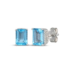 Emerald-Cut Swiss Blue Topaz & White Lab-Created Sapphire Hidden Halo Stud Earrings Sterling Silver