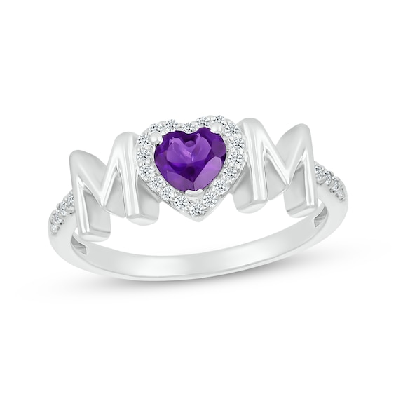 Heart-Shaped Amethyst & White Lab-Created Sapphire "Mom" Ring Sterling Silver