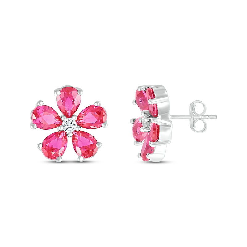 Main Image 2 of Pear-Shaped Lab-Created Ruby & White Lab-Created Sapphire Flower Stud Earrings Sterling Silver