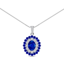 Oval-Cut Blue Lab-Created Sapphire Double Halo Necklace Sterling Silver