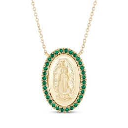 Lab-Created Emerald Our Lady of Guadalupe Oval Necklace 14K Yellow Gold 16&quot;