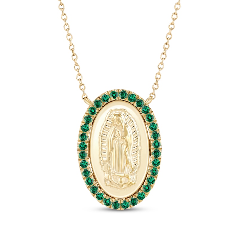 Main Image 1 of Lab-Created Emerald Our Lady of Guadalupe Oval Necklace 14K Yellow Gold 16&quot;