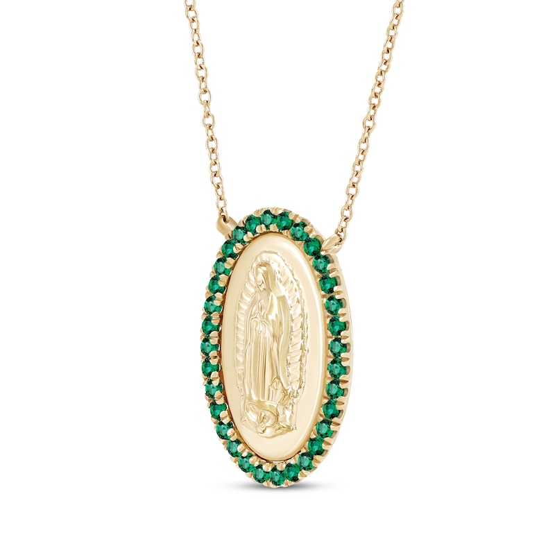 Main Image 2 of Lab-Created Emerald Our Lady of Guadalupe Oval Necklace 14K Yellow Gold 16&quot;