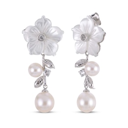 Cultured Pearl, White Lab-Created Sapphire & Mother-of-Pearl Flower Drop Earrings Sterling Silver